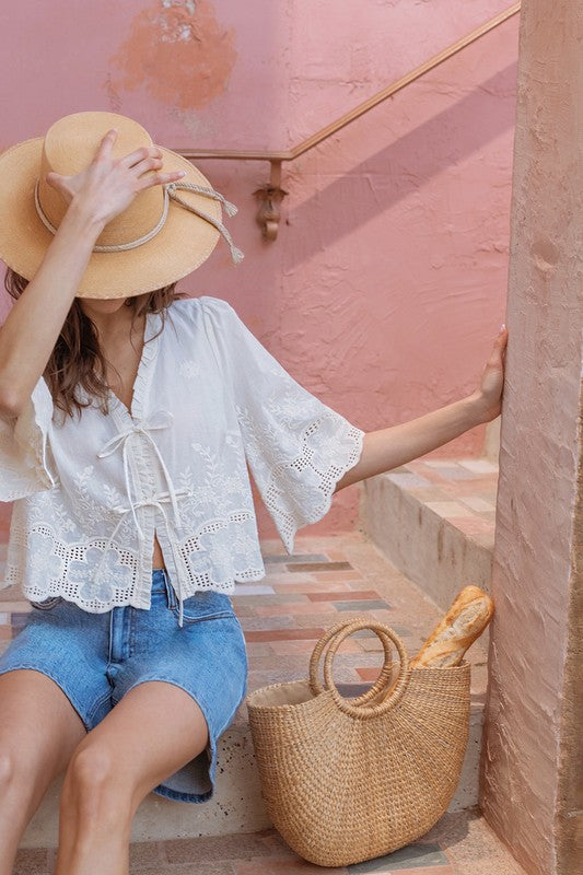 Floral Embroidery Tie Front Blouse