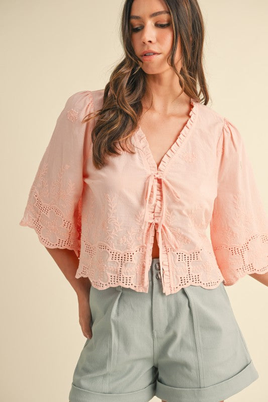 Floral Embroidery Tie Front Blouse