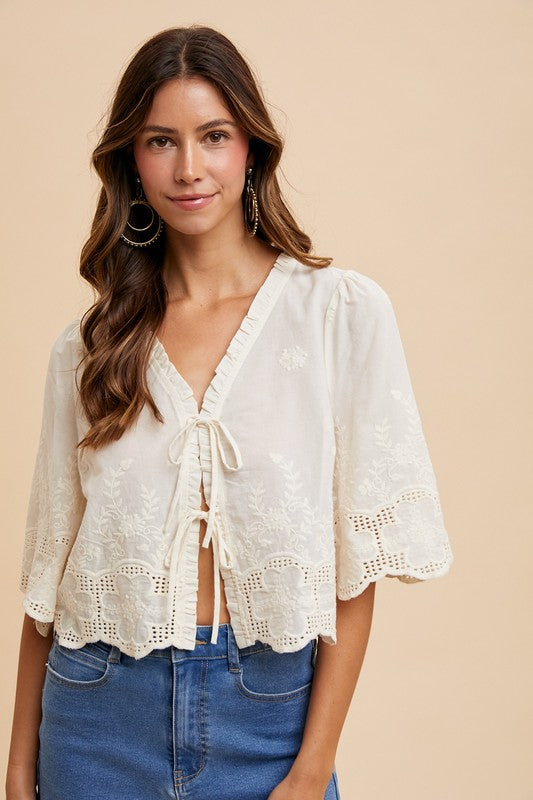 Floral Embroidery Tie Front Blouse