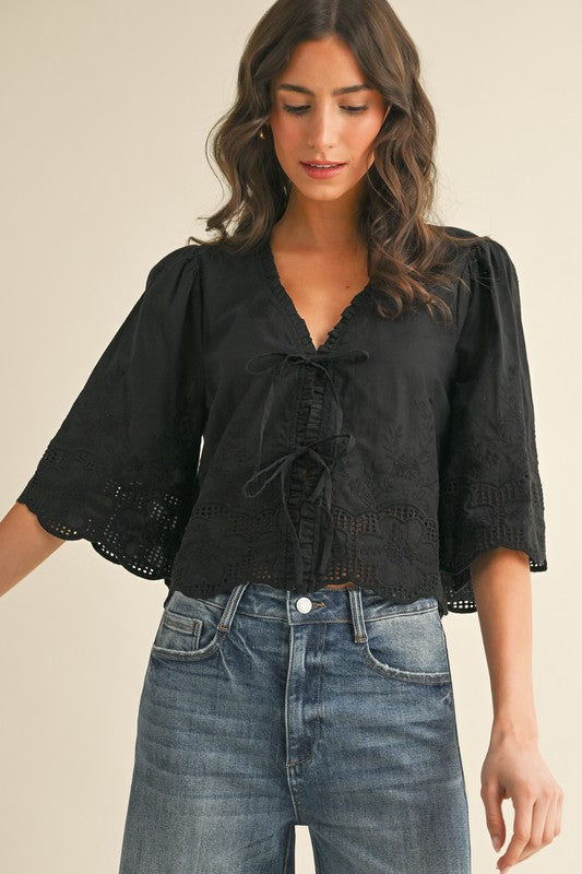 Floral Embroidery Tie Front Blouse