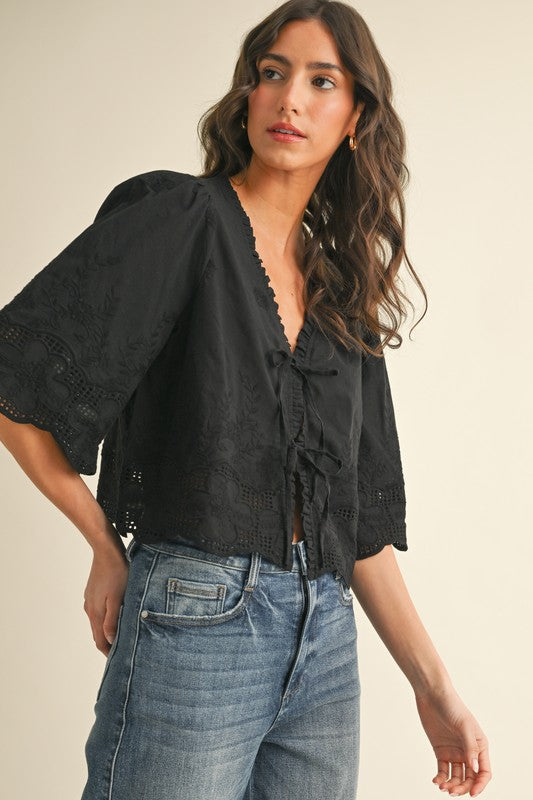Floral Embroidery Tie Front Blouse