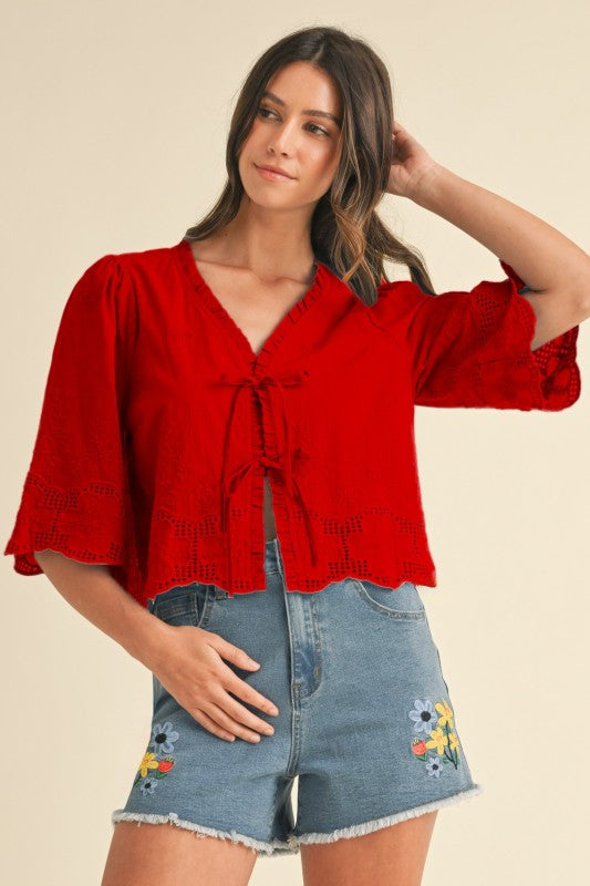 Floral Embroidery Tie Front Blouse
