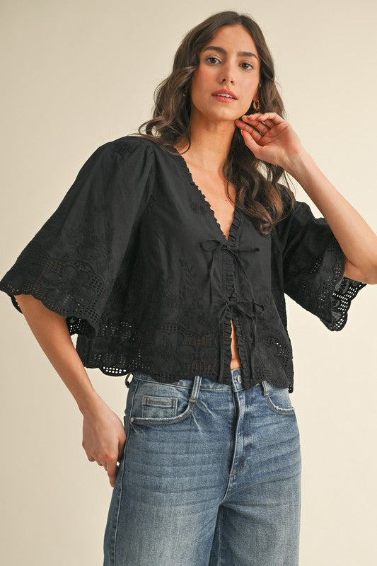 Floral Embroidery Tie Front Blouse
