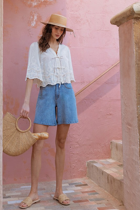 Floral Embroidery Tie Front Blouse
