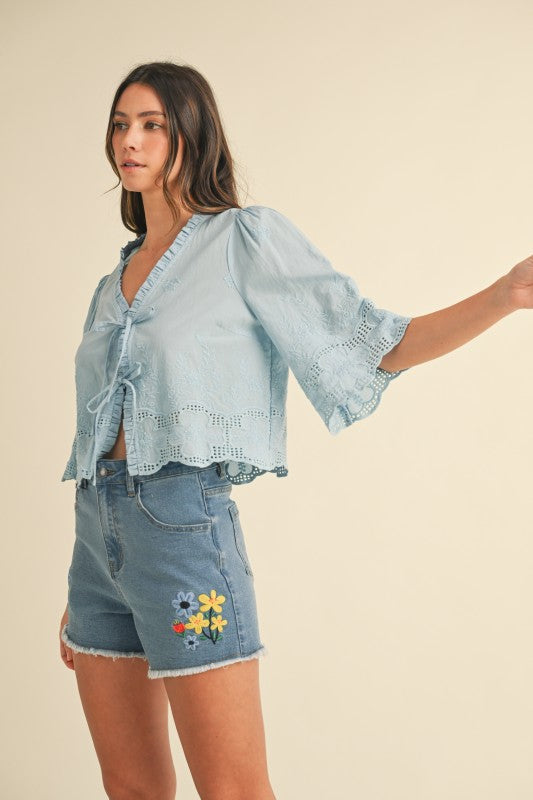 Floral Embroidery Tie Front Blouse