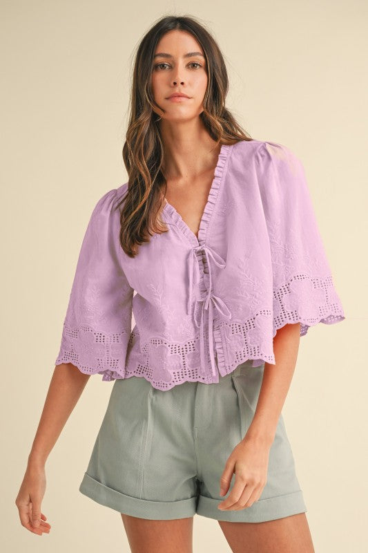 Floral Embroidery Tie Front Blouse