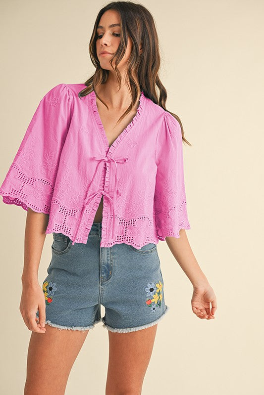 Floral Embroidery Tie Front Blouse