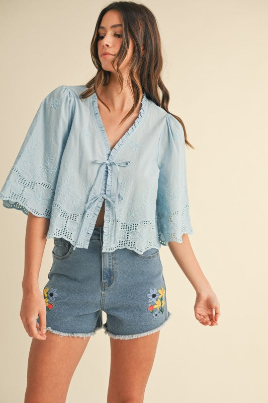 Floral Embroidery Tie Front Blouse