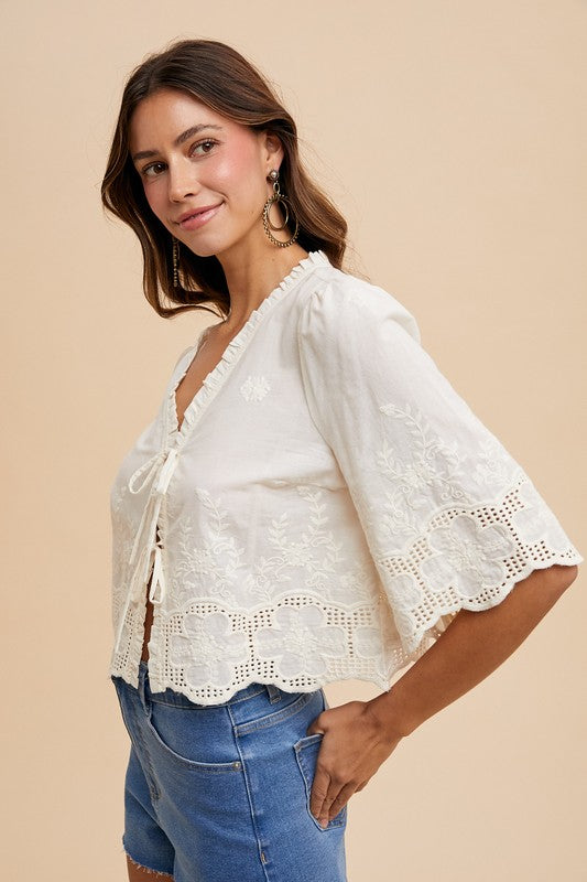 Floral Embroidery Tie Front Blouse