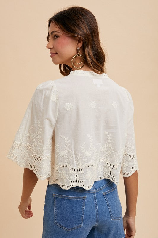 Floral Embroidery Tie Front Blouse