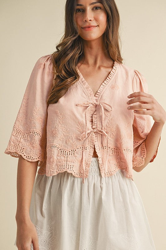 Floral Embroidery Tie Front Blouse