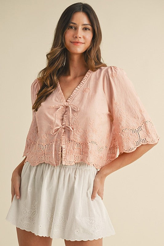 Floral Embroidery Tie Front Blouse