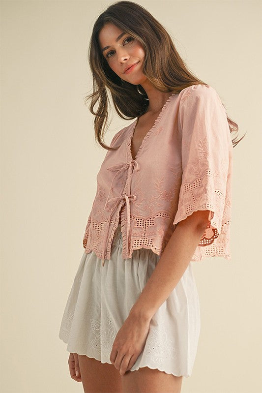 Floral Embroidery Tie Front Blouse