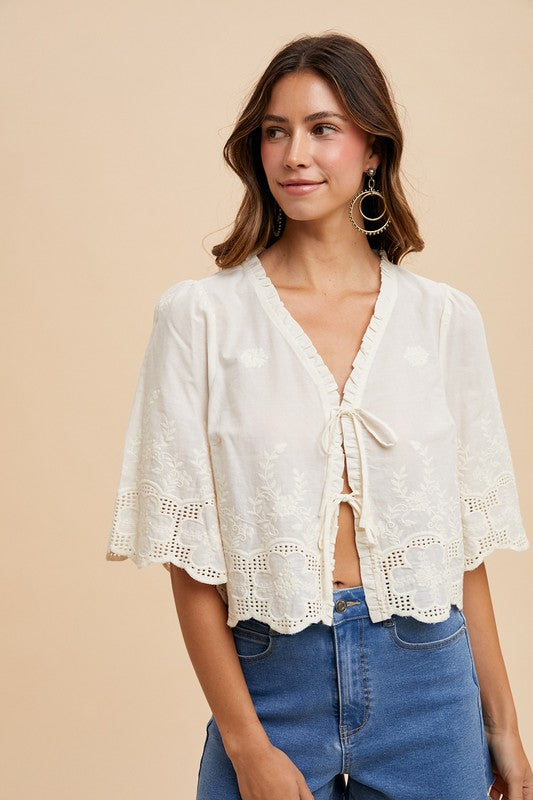 Floral Embroidery Tie Front Blouse